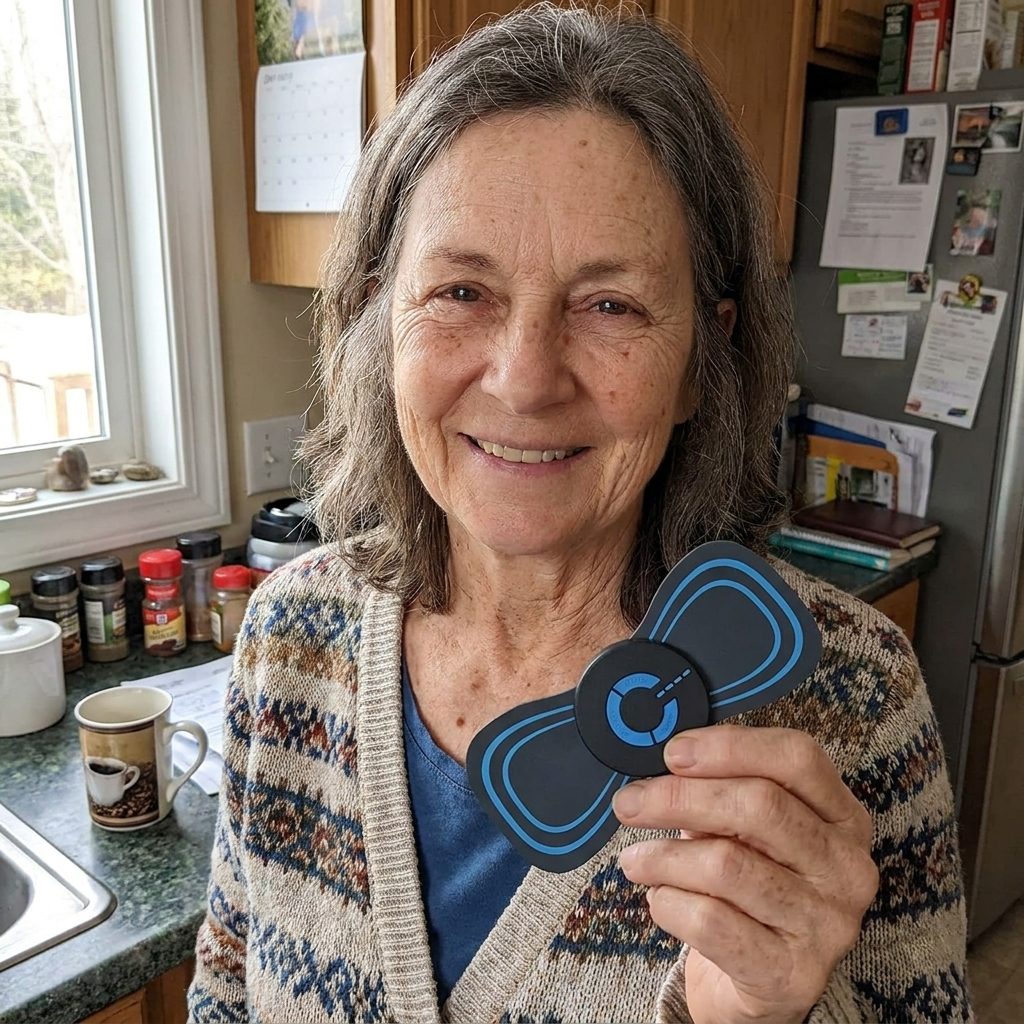 Woman holding the Stratum device in her kitchen